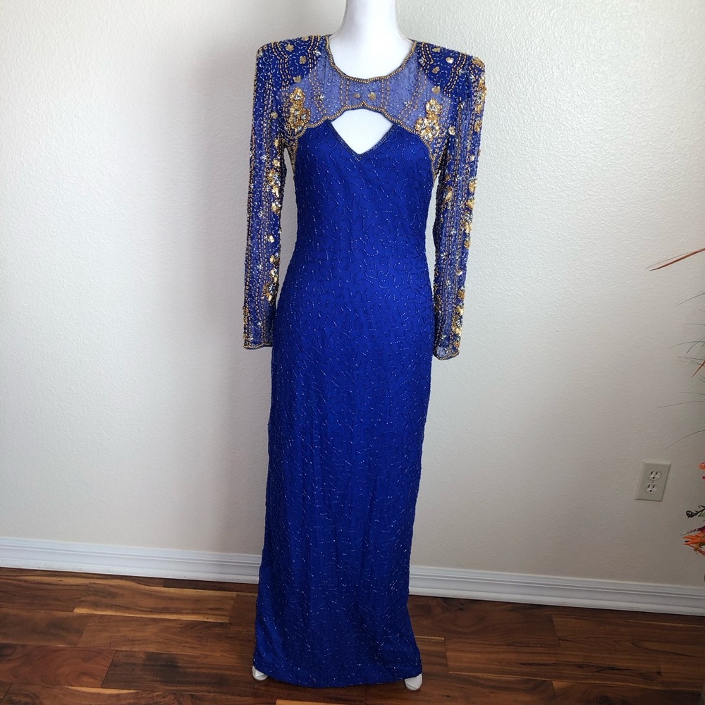 Lawrence Kazar 100% Silk Beaded Gown Shoulder pads 1980s Vintage Sequin Dress